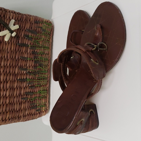 Christian‎ Dior Brown Leather Cannage Block Heel Sandals Size 40 - Picture 3 of 16